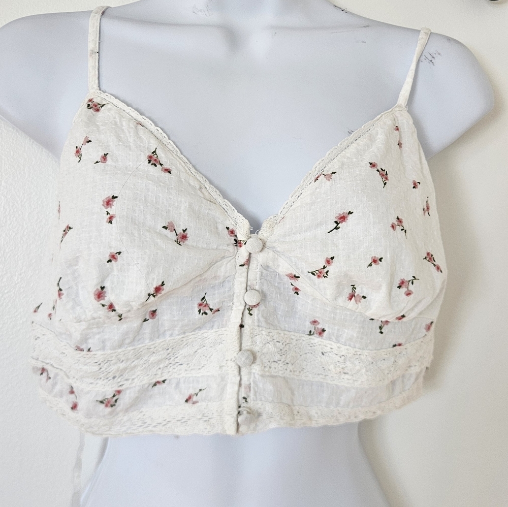 Womens Top M Babydoll Y2K Crop Milkmaid Cottage Smocked Lace Trim Floral Dainty